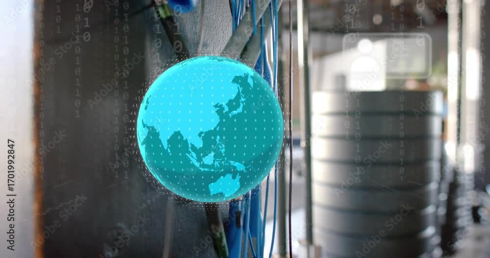 Aufkleber opening with cables, 3d globe rotating, binary cascading, ui panels sliding visualizing network