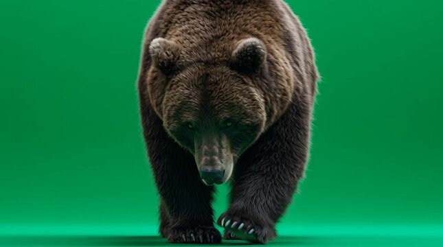Brown grizzly bear walking forward on a green screen background
