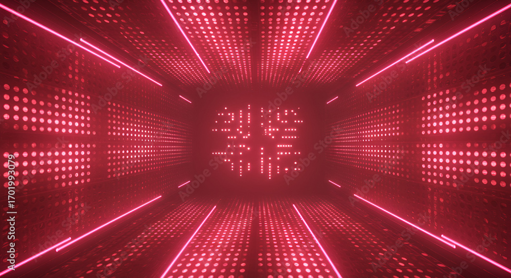 Poster neon illuminated tunnel with geometric pattern and a futuristic perspective