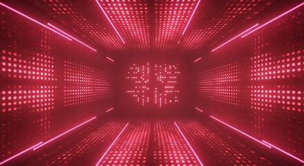 Neon illuminated tunnel with geometric pattern and a futuristic perspective