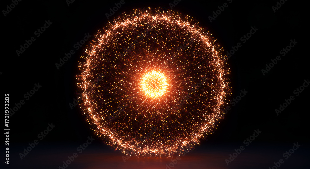 Poster radiant particle sphere emitting light on a dark background for energy concepts