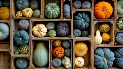 Top-down full frame view of a variety of colorful pumpkins and squash displayed in wooden crates and cubby holes.