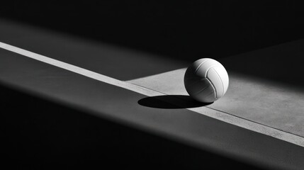 Monochrome image shows a light volleyball sitting on a floor illuminated by light