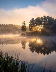 Fototapeta premium Serene sunrise over a misty lake, with trees reflected in the tranquil water, casting sunbeams through the fog.