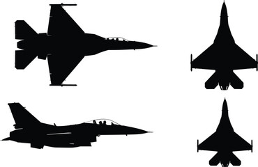 Military jet fighter silhouette illustration, warplane side view, aircraft top view vector, aviation technology design, combat airplane shadow, defense airforce artwork