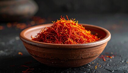 Rich saffron threads in a rustic clay bowl with a dramatic cinematic spotlight, highlighting the vibrant color and exotic value.

