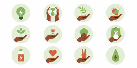 Collection of hands holding various symbols representing sustainability ecology and care for the planet