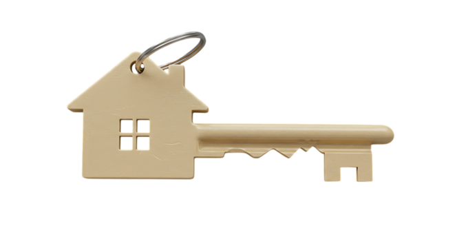 A wooden house shaped key with a small window detail isolated on a clean white background isolated on white background