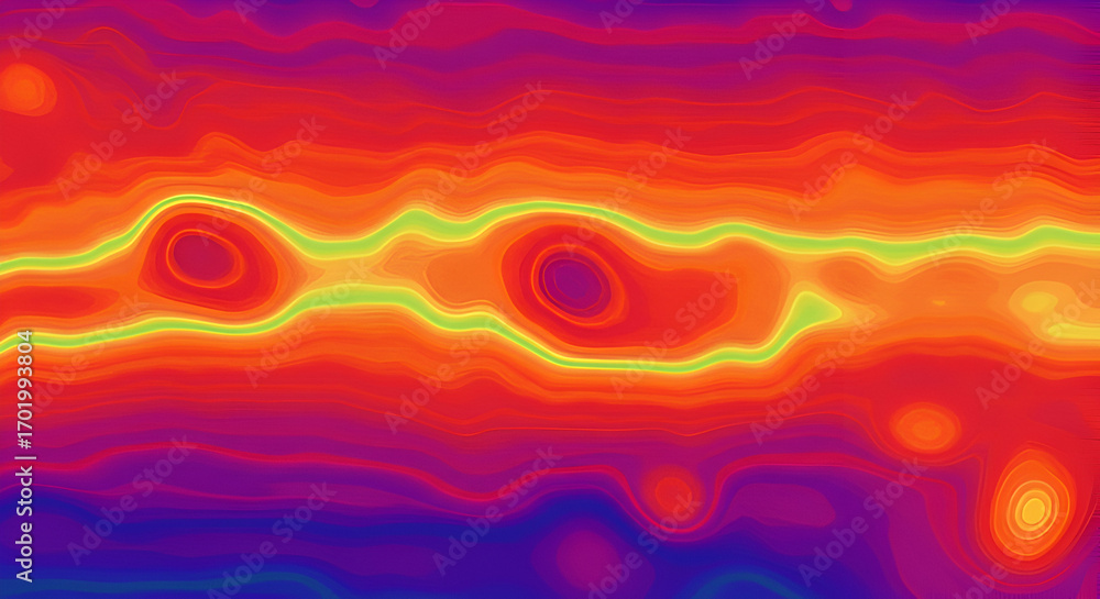 Poster vibrant abstract landscape with wavy lines and circular forms in warm colors