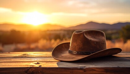 Classic cowboy hat on a rustic wooden table with warm cinematic lighting at sunset, representing the spirit of the American West.

