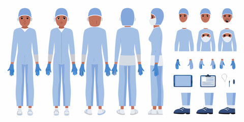 Medical professional character design kit with multiple views and accessories for healthcare and science illustrations