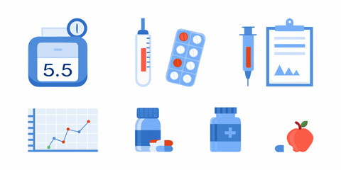 Collection of medical icons representing diabetes care including glucose meter thermometer pills syringe chart and apple