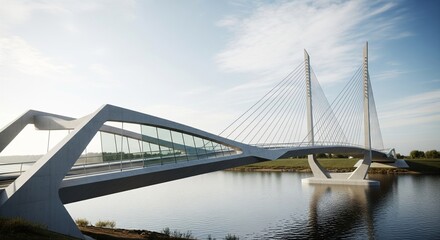 Naklejka premium Modern Cable-Stayed Bridge Over Serene Waterway Under a Clear Blue Sky