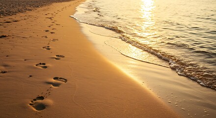 Golden sunset over the ocean, warm waves touching the shore, footprints leading into the glowing horizon, peaceful beach atmosphere.