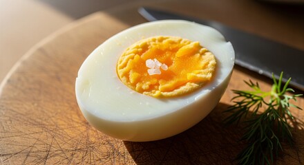 Hard Boiled Egg Close-Up with Dill on Wooden Cutting Board