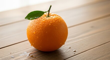 Fresh Orange with Leaf on Wooden Table, Dew Drops