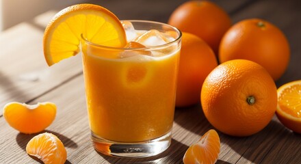 Refreshing orange juice with ice and oranges on rustic wooden table.