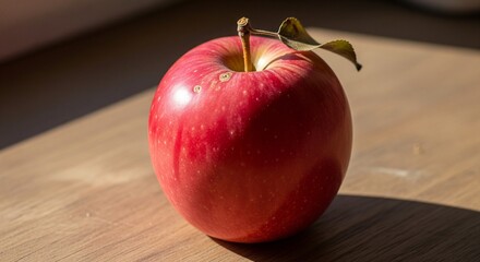 Lustrous red apple resting on a natural wooden table surface