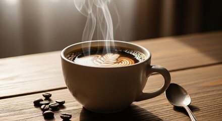 Steaming Cup of Coffee with Latte Art on Wooden Table