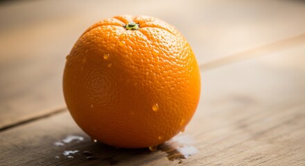 Fresh Orange with Water Droplets on a Light Wooden Surface
