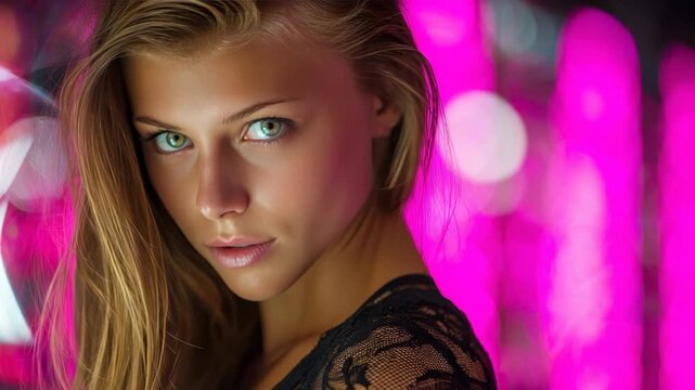 Close-up of a woman with long hair and sultry expression, realistic style, glowing pink neon background, concept of allure and nightlife