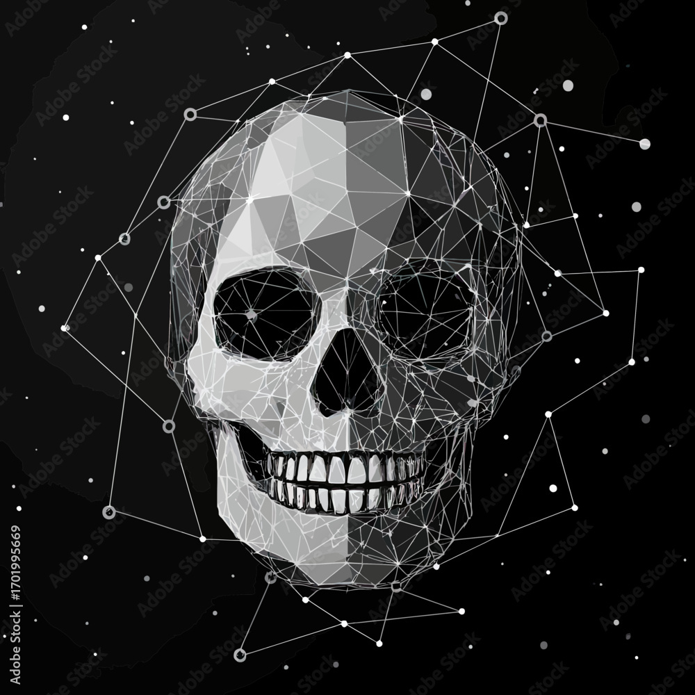 Poster Polygonal low poly human skull with geometric lines and dots connection structure on dark background vector illustration