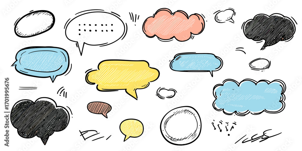 Poster hand drawn colorful crayon speech bubble set with various shapes and doodle sketch lines on white ba