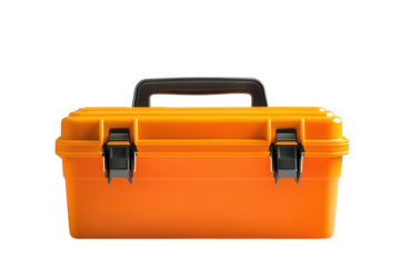 Orange plastic toolbox with handle isolated on transparent background
