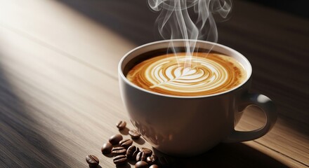 Steaming latte art in a white mug with scattered coffee beans.
