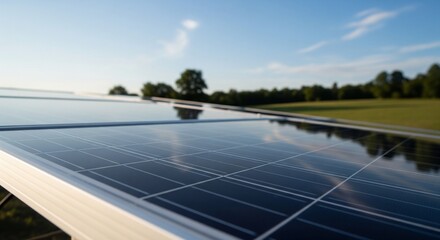 Solar Panels Gleaming Under Blue Skies Reflecting Trees and Clouds