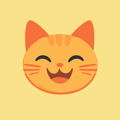 Happy smiling orange cat face with closed eyes and whiskers on light yellow background vector illustration emoji style animal expression icon design
