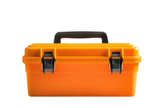 Orange plastic toolbox with handle isolated on transparent background