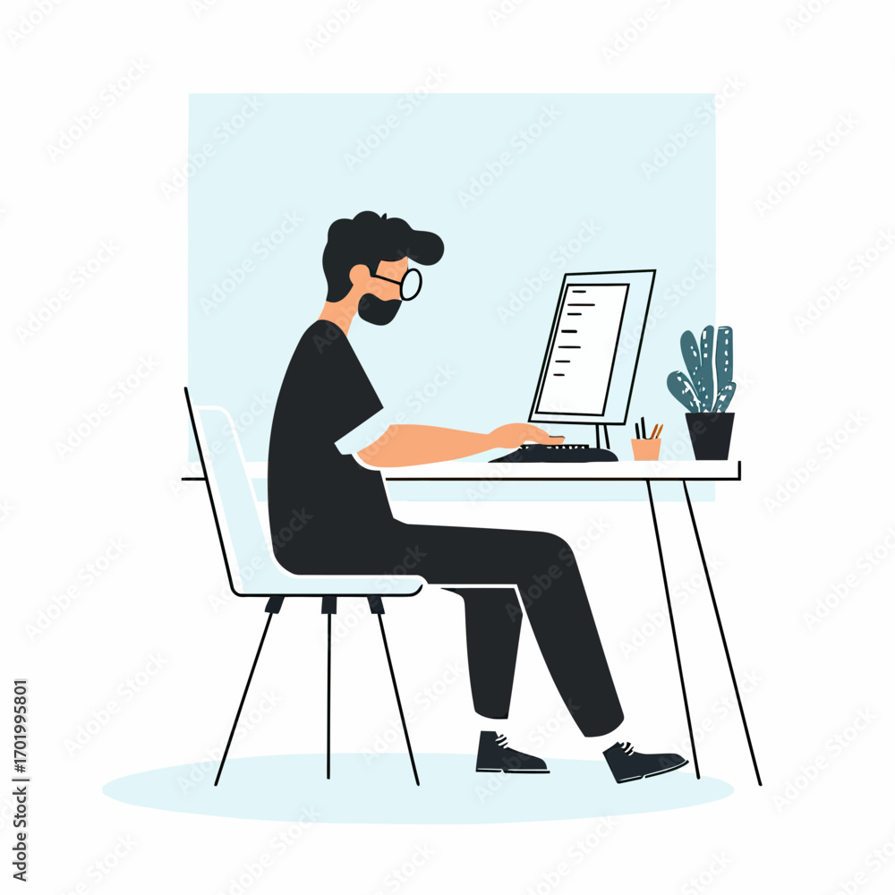 Poster young man working on desktop computer in modern minimalist office setting with potted plant and stat