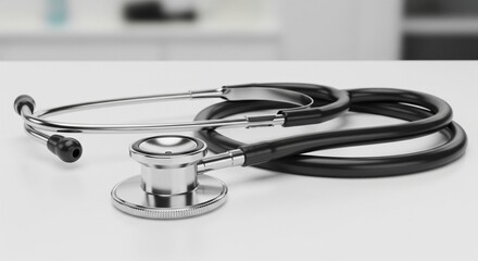 Medical stethoscope rests neatly on a clean, white surface in a hospital.