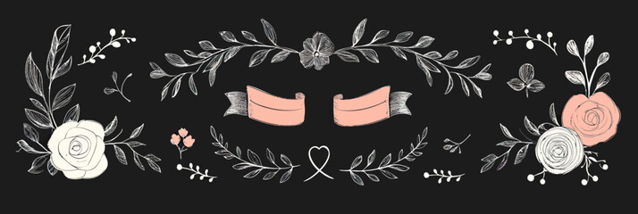 Hand drawn floral frame with vintage ribbon banner and delicate flower doodles on black chalkboard background elegant decorative border design for wedding invites or greeting cards