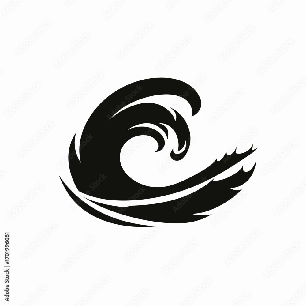 Poster abstract black stylized ocean wave logo design with curved sharp shapes and dynamic flow in minimali