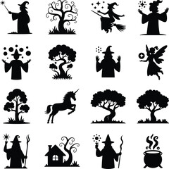 Obraz premium Magical fantasy silhouettes collection, wizard casting spells, flying witch on broomstick, fairy with wings, unicorn, enchanted trees, magical house, fantasy magic symbols