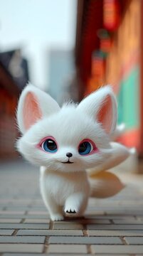Cute mythical nine-tailed white fox kitsune in an asian village