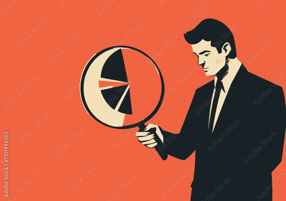 Poster businessman analyzing pie chart data with magnifying glass on orange background flat minimalist vect