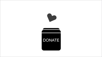 Donate animation shows box with hearts entering on white background