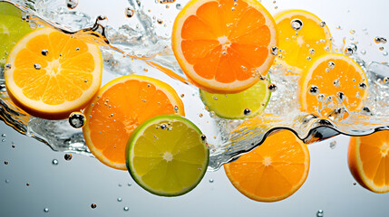 Fresh slices of oranges and lemons splash in crystal-clear water creating vibrant ripples and bubbles