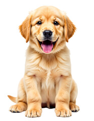 Golden retriever puppy sitting and smiling in a studio setting with bright background lighting