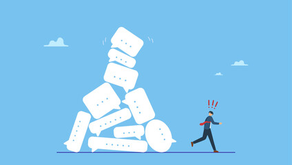 Businessman run away from collapsing stack of online speech bubble. Communication problem or overload, too many messages or spam, inefficient discussion or meeting.