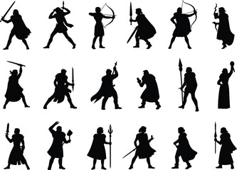 Obraz premium Medieval fantasy warriors silhouettes, sword fighting, archers aiming, spear holding, cloak wearing characters, battle poses, black silhouette warriors collection