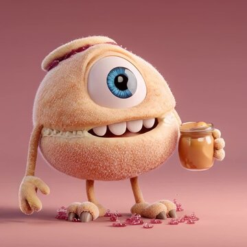 Cute cookie monster character with one eye holding a jar of jam