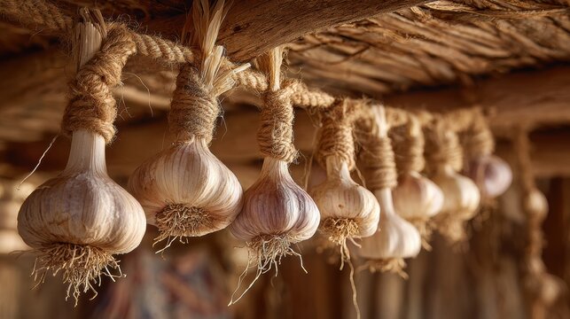 Hanging garlic bundles in a rustic interior, symbol of harvest and traditional cooking.