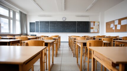 Fototapeta premium Empty Classroom with Wooden Desks and Blackboard, Representing Education, Learning Environment and Academic Space