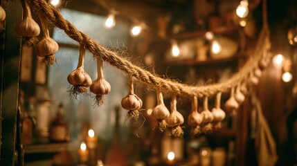 Bundles of dried garlic hanging on a rope in a rustic setting.