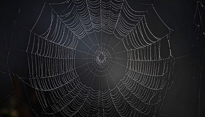 Fototapeta premium Dew-kissed spiderweb exhibits intricate patterns against a dark backdrop.