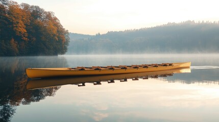 A sleek, eight-person rowing scull floating peacefully on a mirrored lake surface at dawn. The empty seats imply the need for a complete, synchronized team. A powerful metaphor for teamwork.
